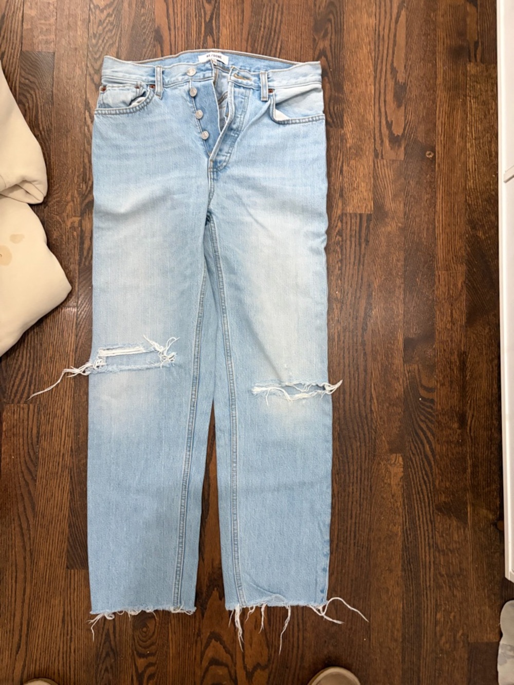 Re/Done Light Blue Straight-Leg Distressed Jeans